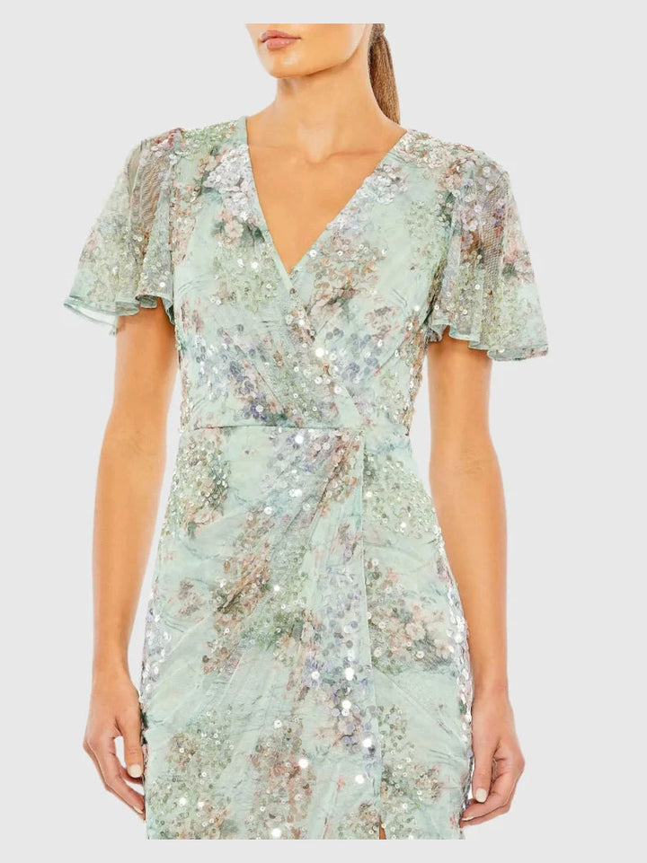 Embellished Butterfly Sleeve Faux Wrap Gown