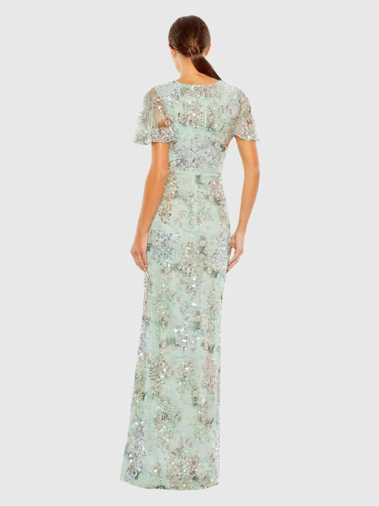 Embellished Butterfly Sleeve Faux Wrap Gown