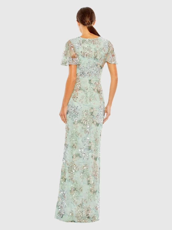Embellished Butterfly Sleeve Faux Wrap Gown