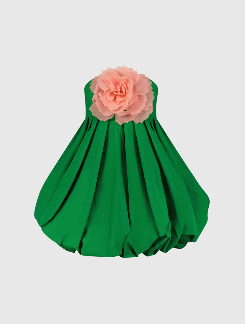 Green Strapless Faille Mini Dress With 3D Flower