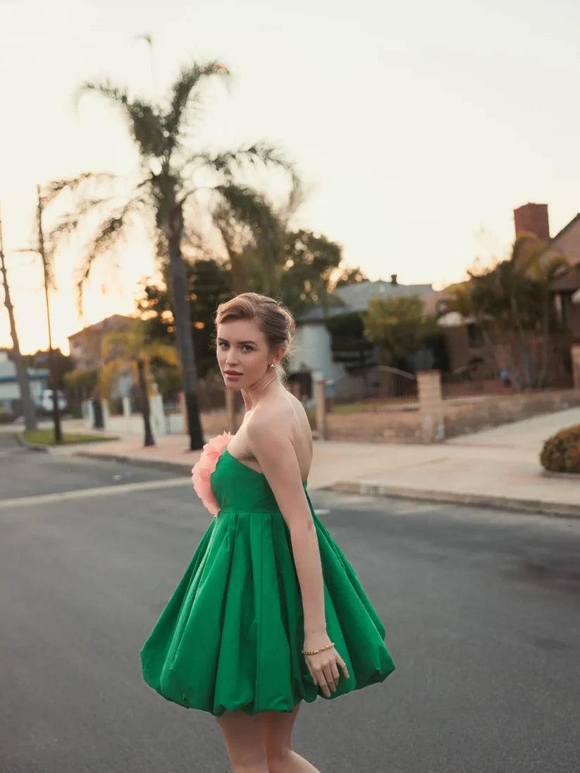 Green Strapless Faille Mini Dress With 3D Flower The Designer Atelier - By Varuna Jani Green Strapless Faille Mini Dress With 3D Flower The Designer Atelier - By Varuna Jani
