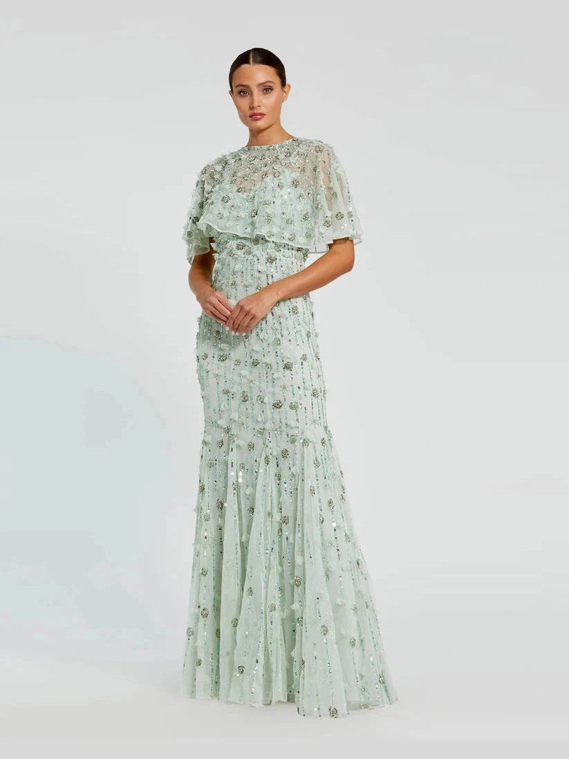 Embellished Illusion Cape Sleeve Trumpet Gown