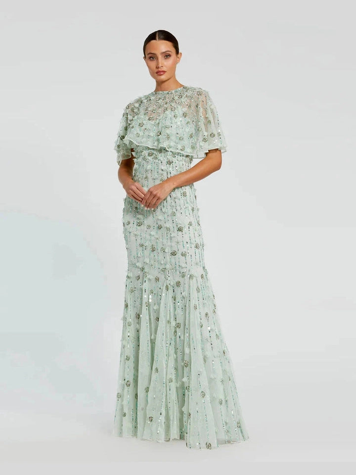 Embellished Illusion Cape Sleeve Trumpet Gown