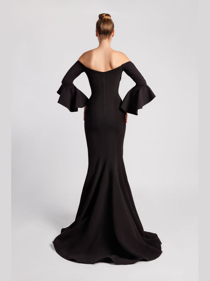 Off-the-Shoulder Mermaid Evening Dress with Flared Cuffs and Nude Embroidered Bust