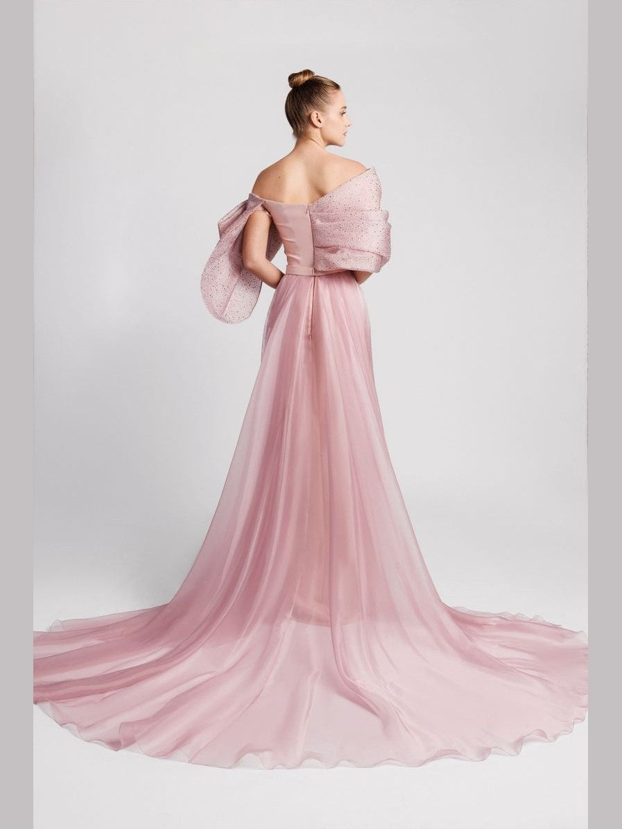 Asymmetric Column Dress with Crystal-Embroidered Bow