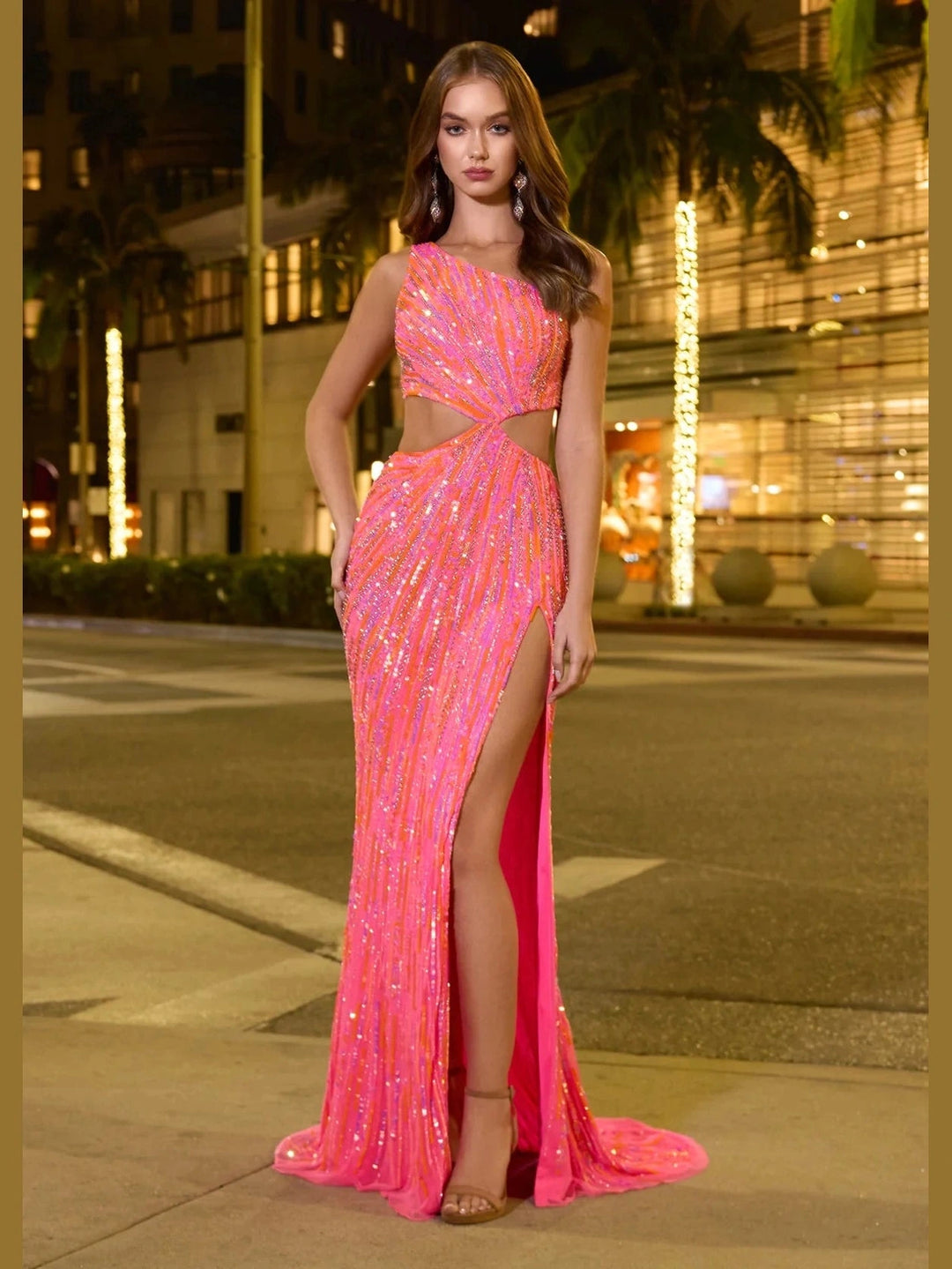 One Shoulder Beaded Gown with Cut Outs