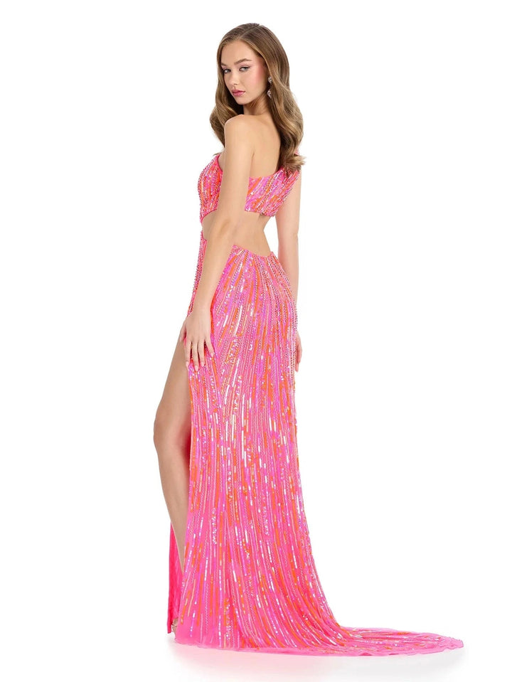 One Shoulder Beaded Gown with Cut Outs