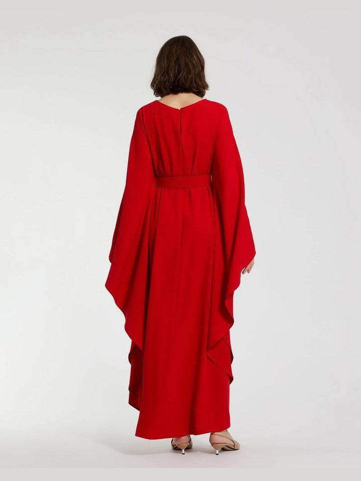 Crepe Boat Neck Caftan Maxi Dress With Belt