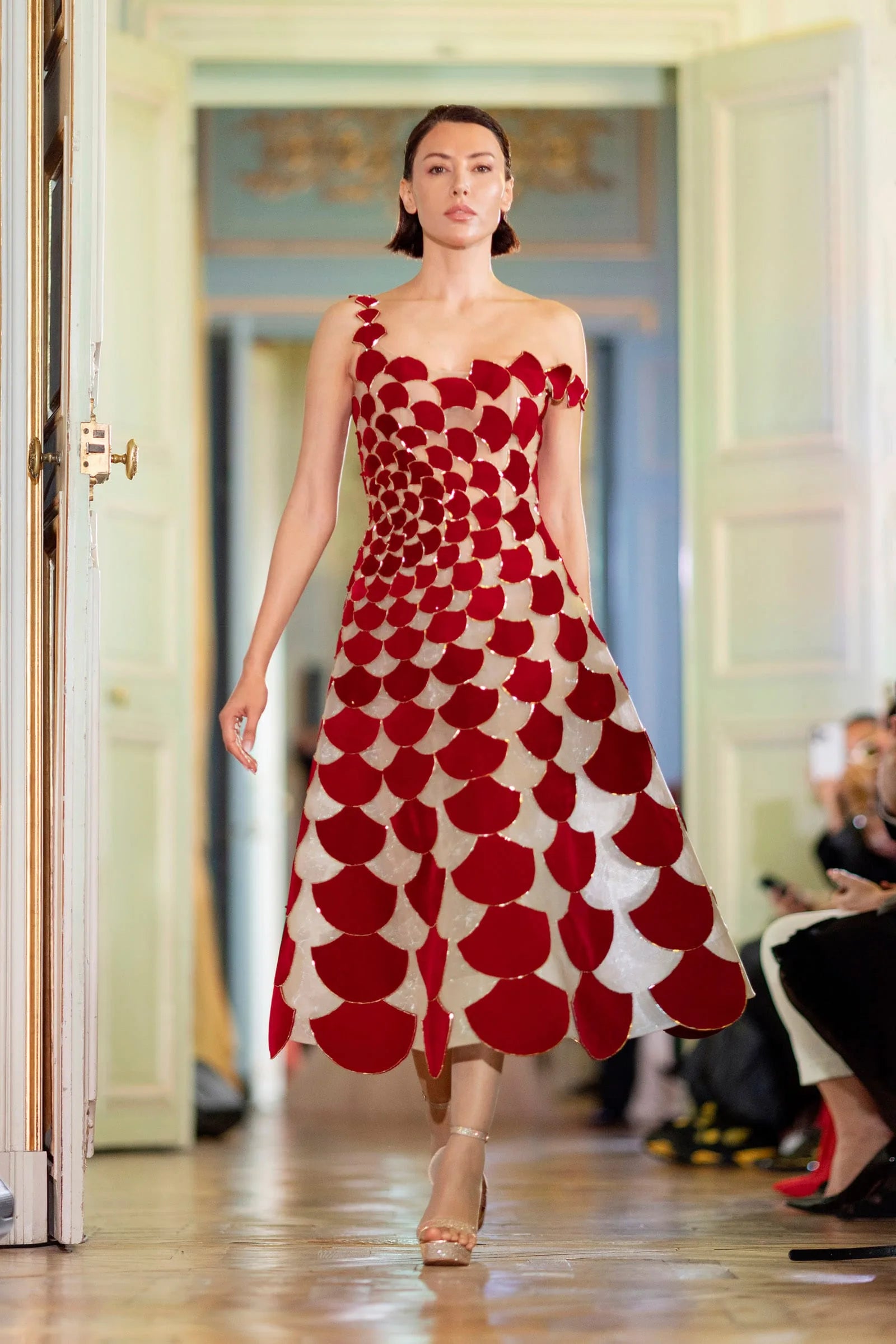 A-line sheer tulle dress with red velvet fabric cuts