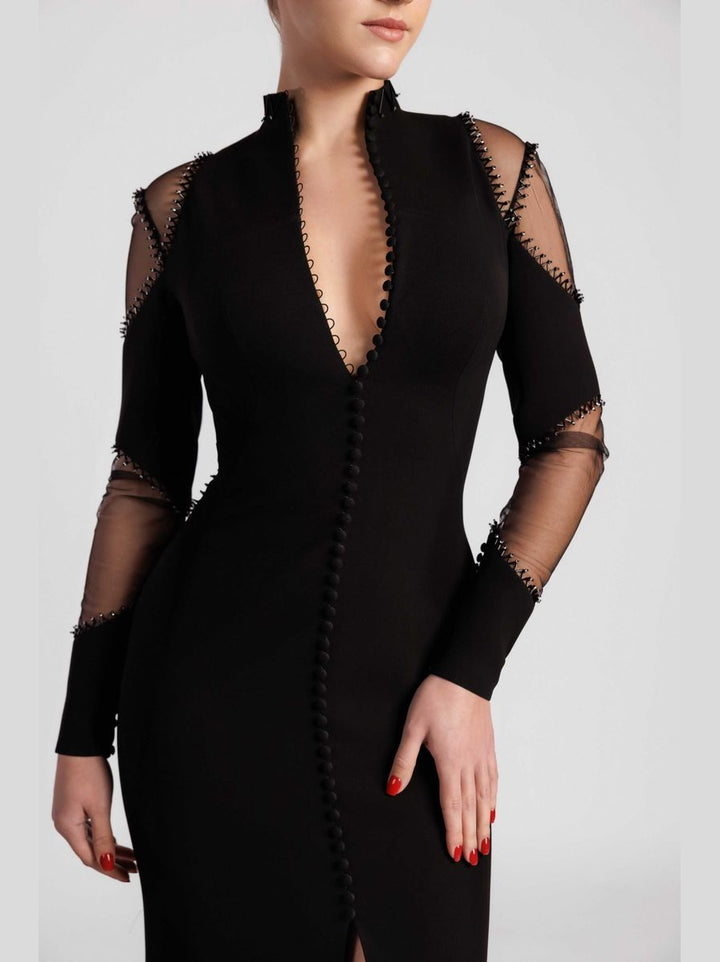 Mermaid Evening Dress with V Neckline and Button Details
