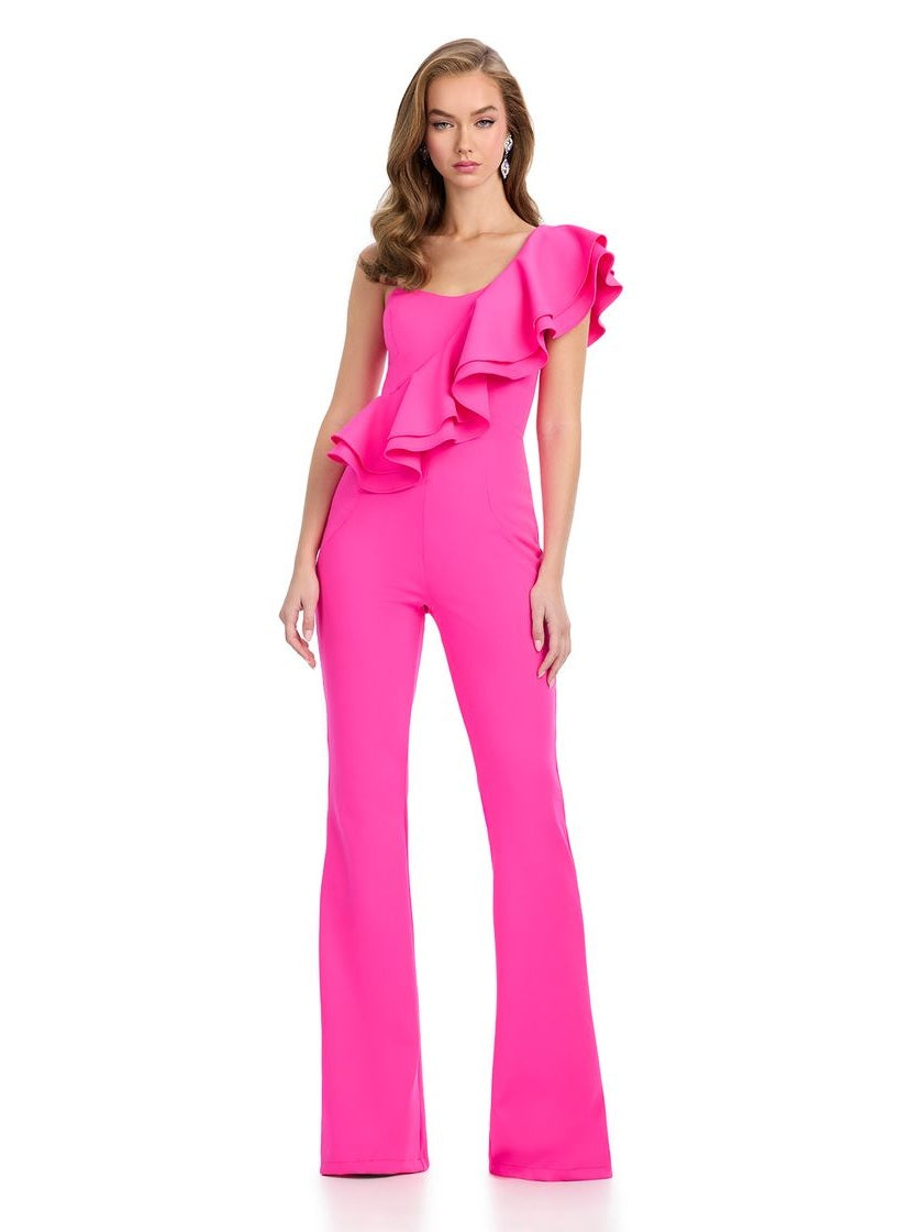 One Shoulder Scuba Jumpsuit with Ruffle