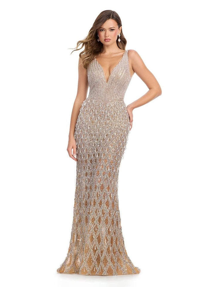 Fully Beaded Crystal Gown with Fringe
