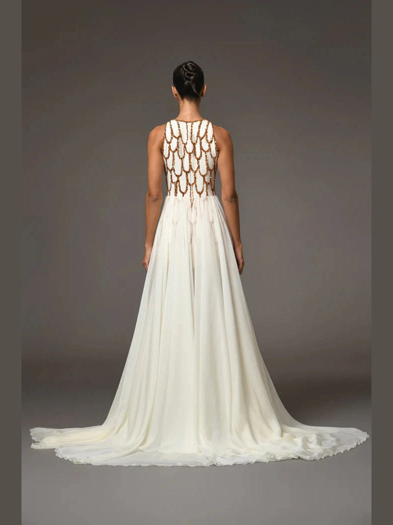 Ivory Crepe and Chiffon Dress