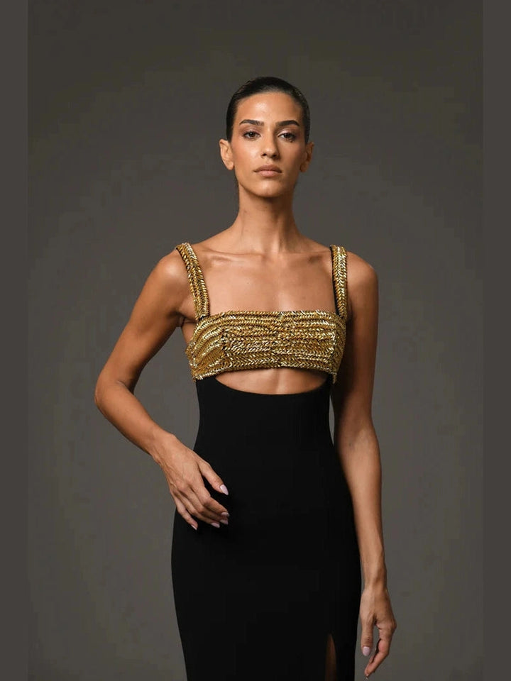 Gold embroidred Black Cape Dress