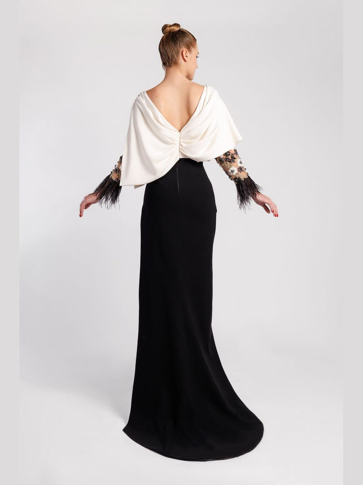 Mermaid Evening Dress with Draped Cape Bodice, Sheer Sleeves and Feathered Cuffs