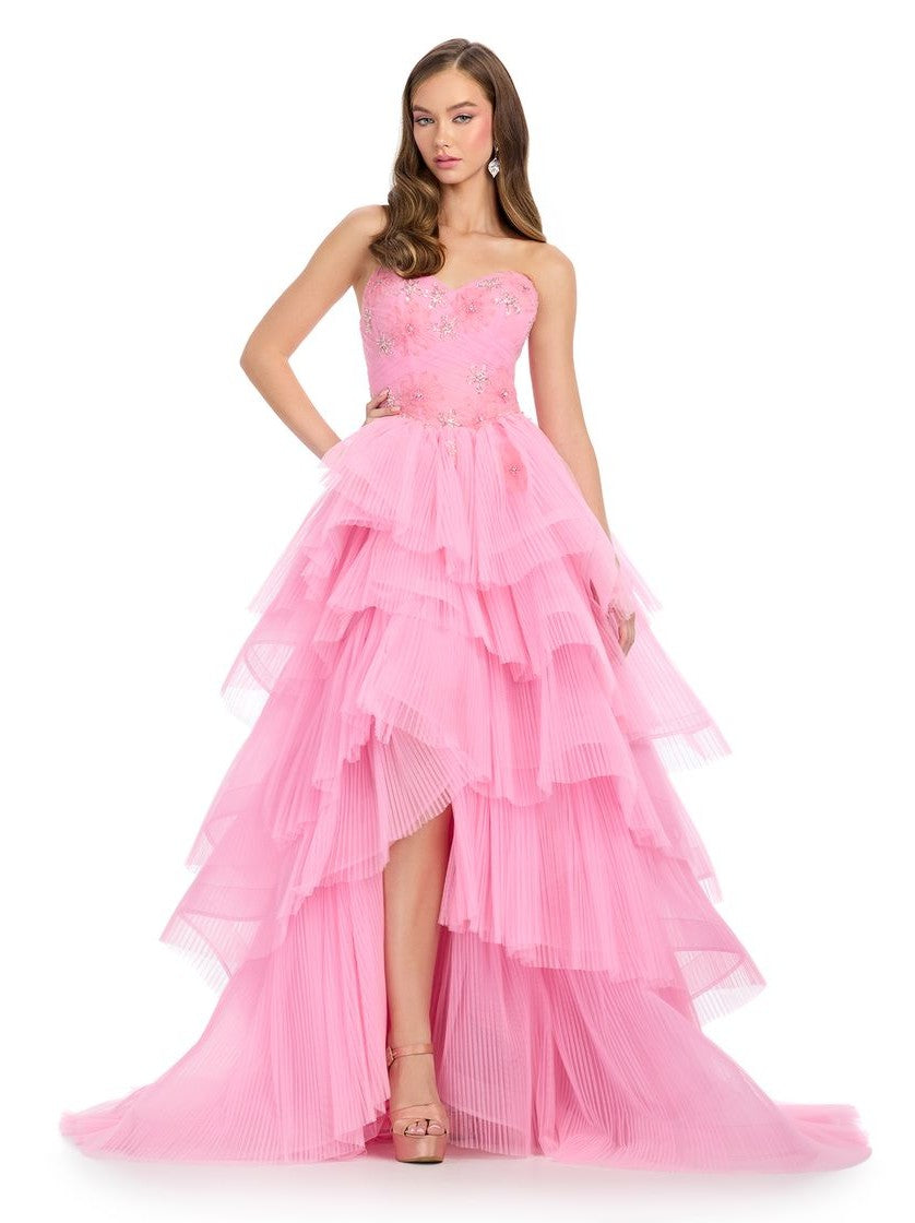 Strapless Pleated Tulle Ball Gown With Center Slit
