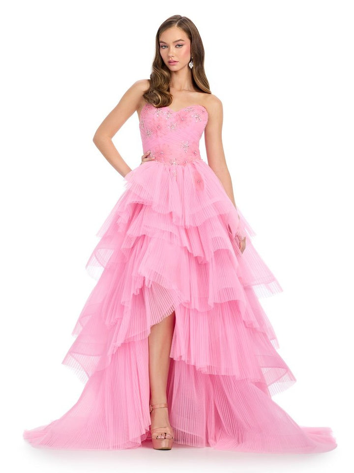 Strapless Pleated Tulle Ball Gown With Center Slit