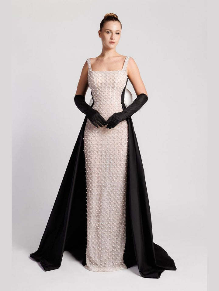 Pearl-Embroidered Column Evening Dress with Overskirt and Gloves