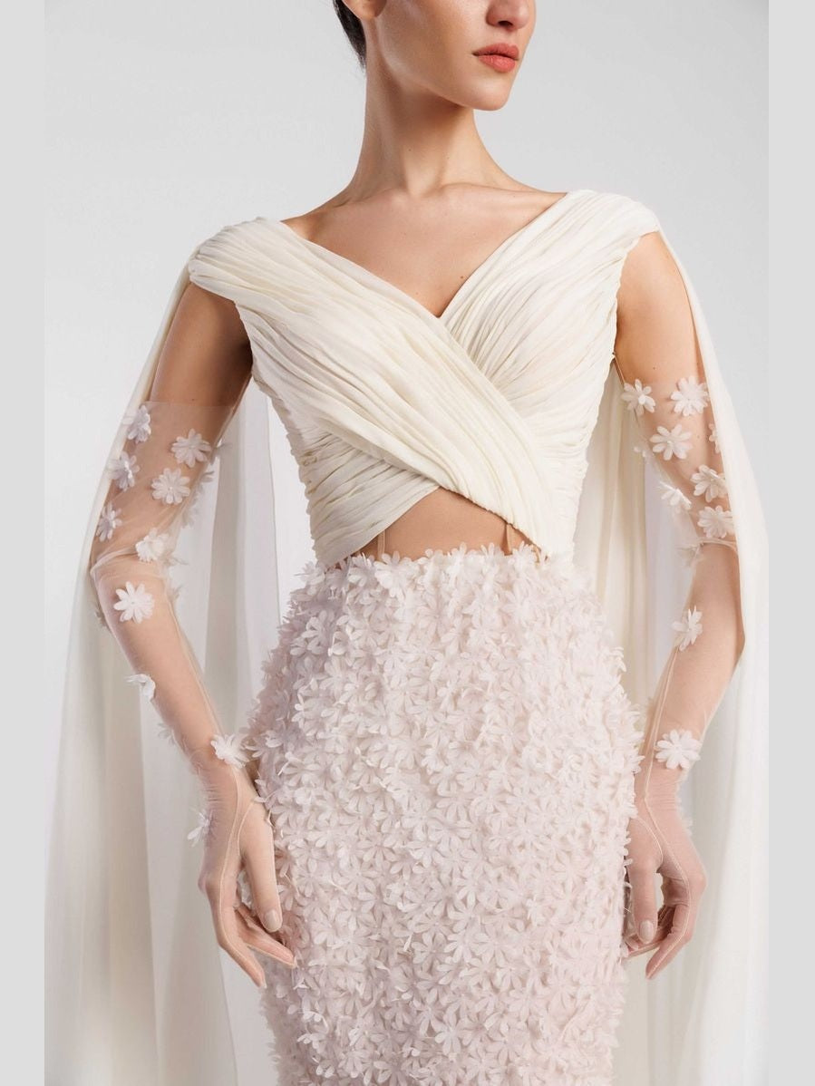 V-Neck Evening Dress with Cape Accents