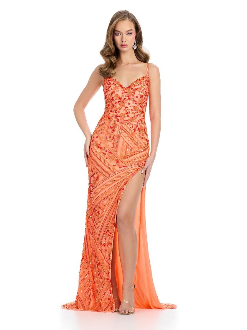 Fully Beaded Gown with Spaghetti Straps & Slit