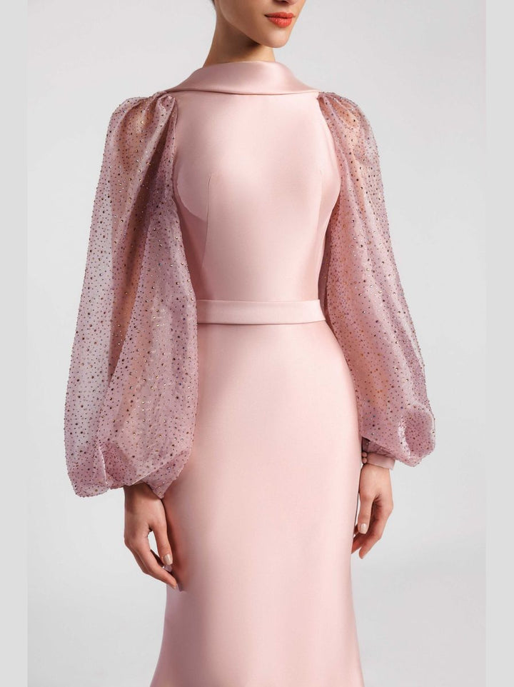 Mermaid Dress with Crystal-Embroidered Bishop Sleeves