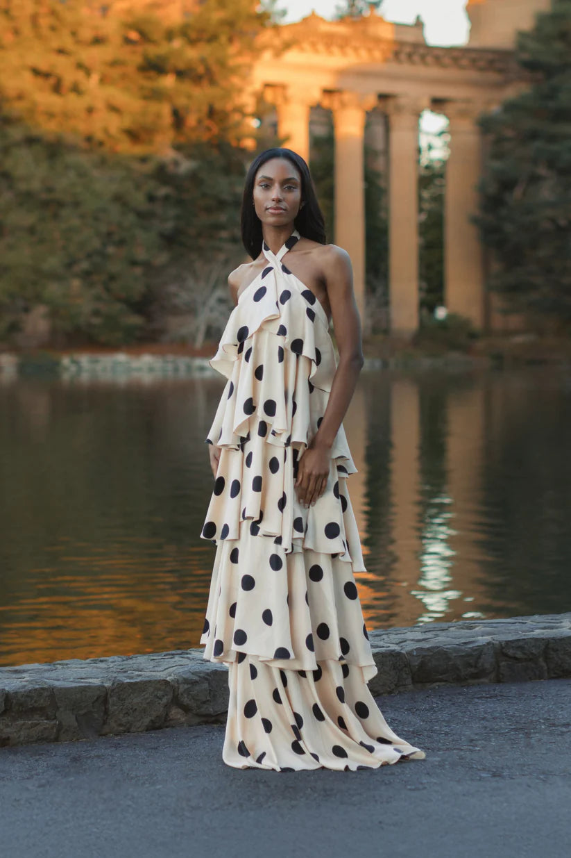 Beige Tiered Ruffle Polka Dot Charmeuse Dress