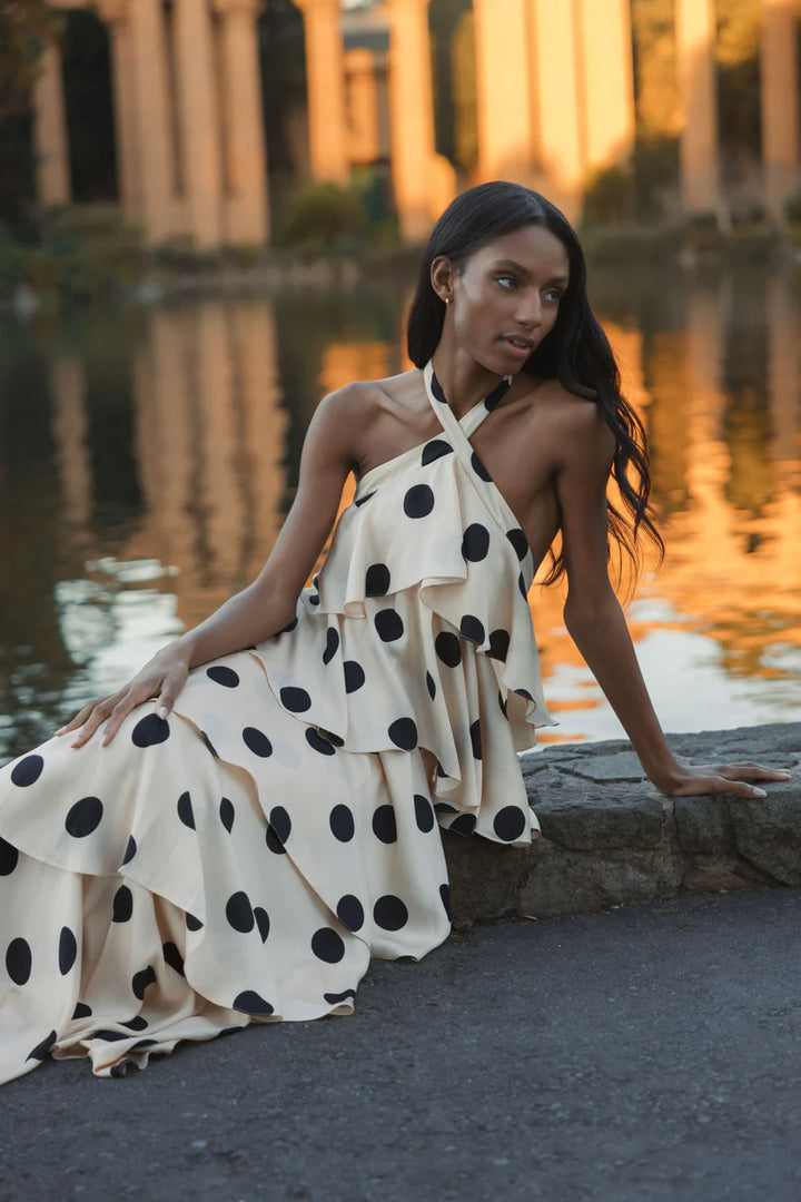 Beige Tiered Ruffle Polka Dot Charmeuse Dress