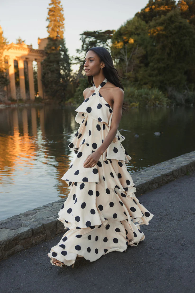 Beige Tiered Ruffle Polka Dot Charmeuse Dress