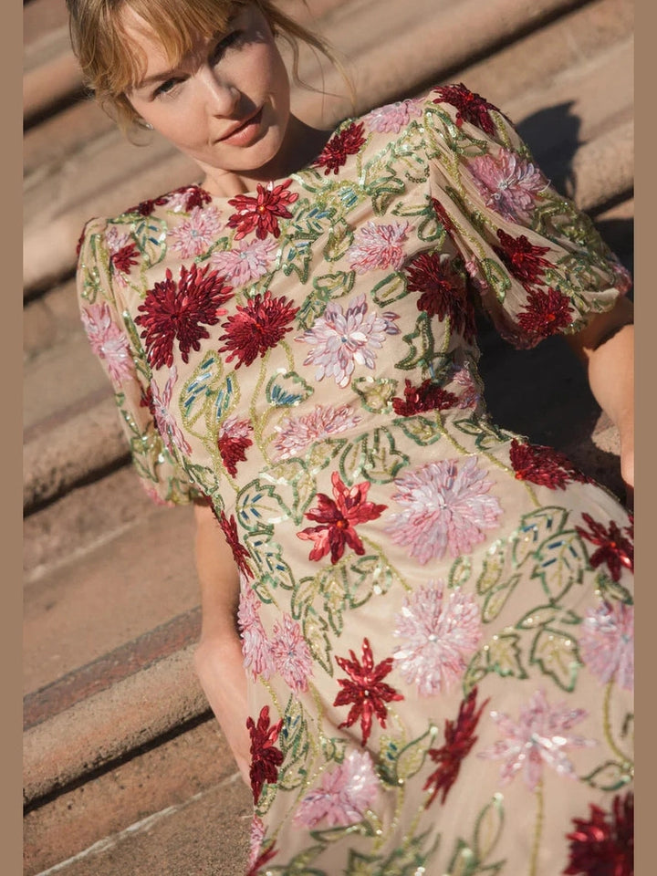Beige Floral Beaded Mesh Puff Sleeve Gown