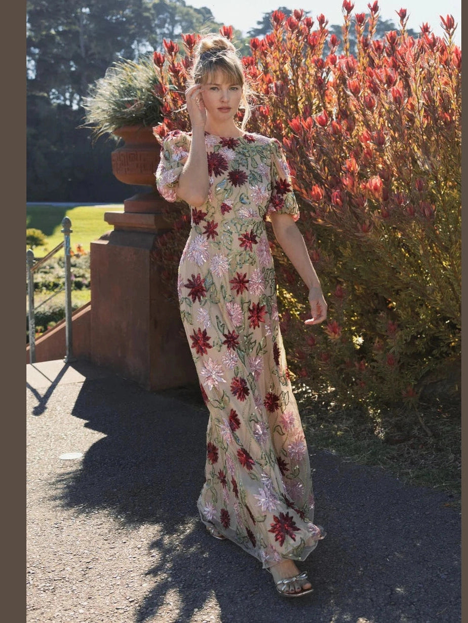 Beige Floral Beaded Mesh Puff Sleeve Gown