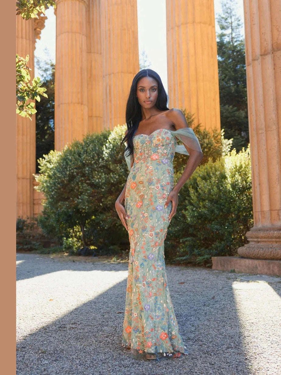 Off The Shoulder Bustier Embroidered Net Gown – The Designer