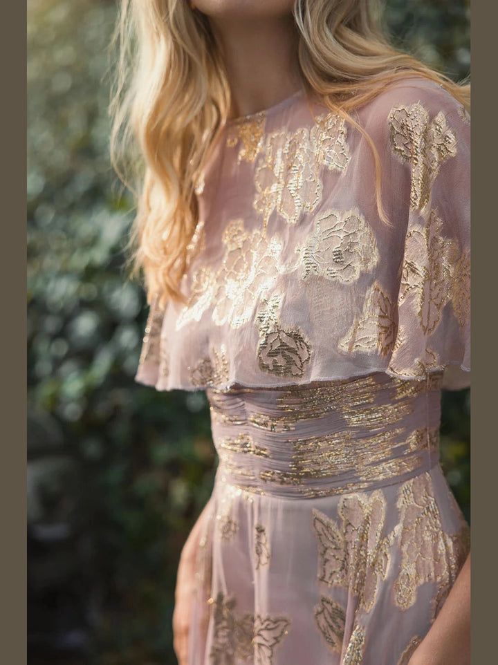 Floral Print High Neck Cape Sleeve A Line Gown
