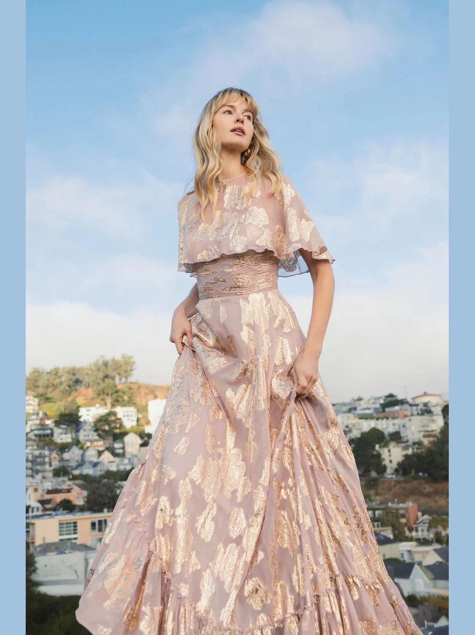 Floral Print High Neck Cape Sleeve A Line Gown