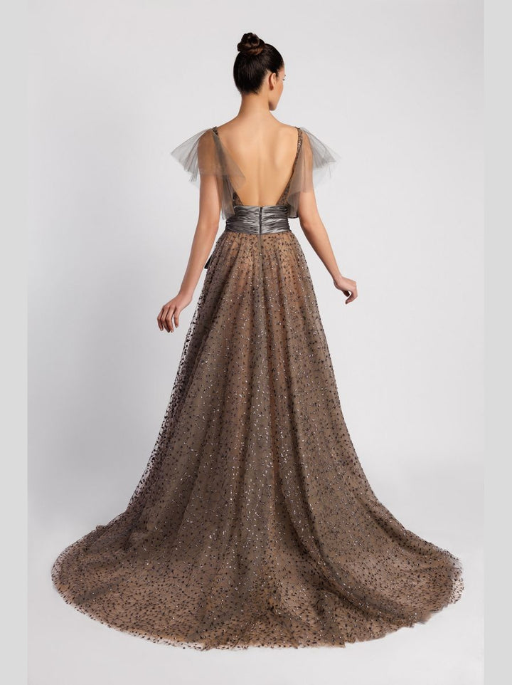 A-Line Evening Dress with Embroidered Bodice and Bow