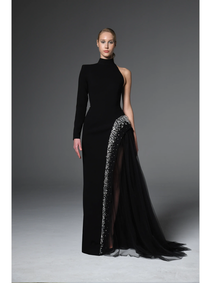 Asymmetric Crêpe Gown With Crystal Embroidery