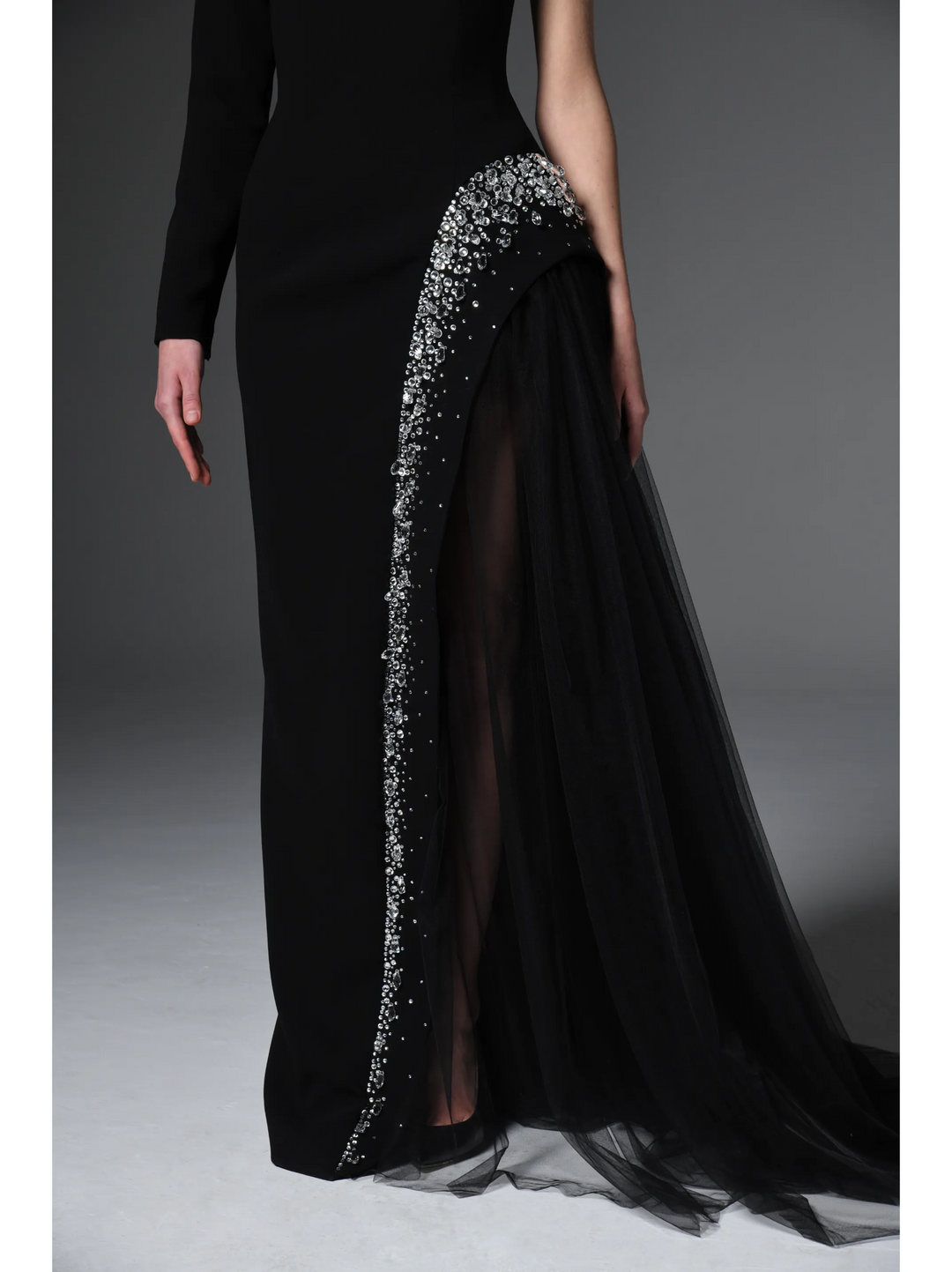 Asymmetric Crêpe Gown With Crystal Embroidery