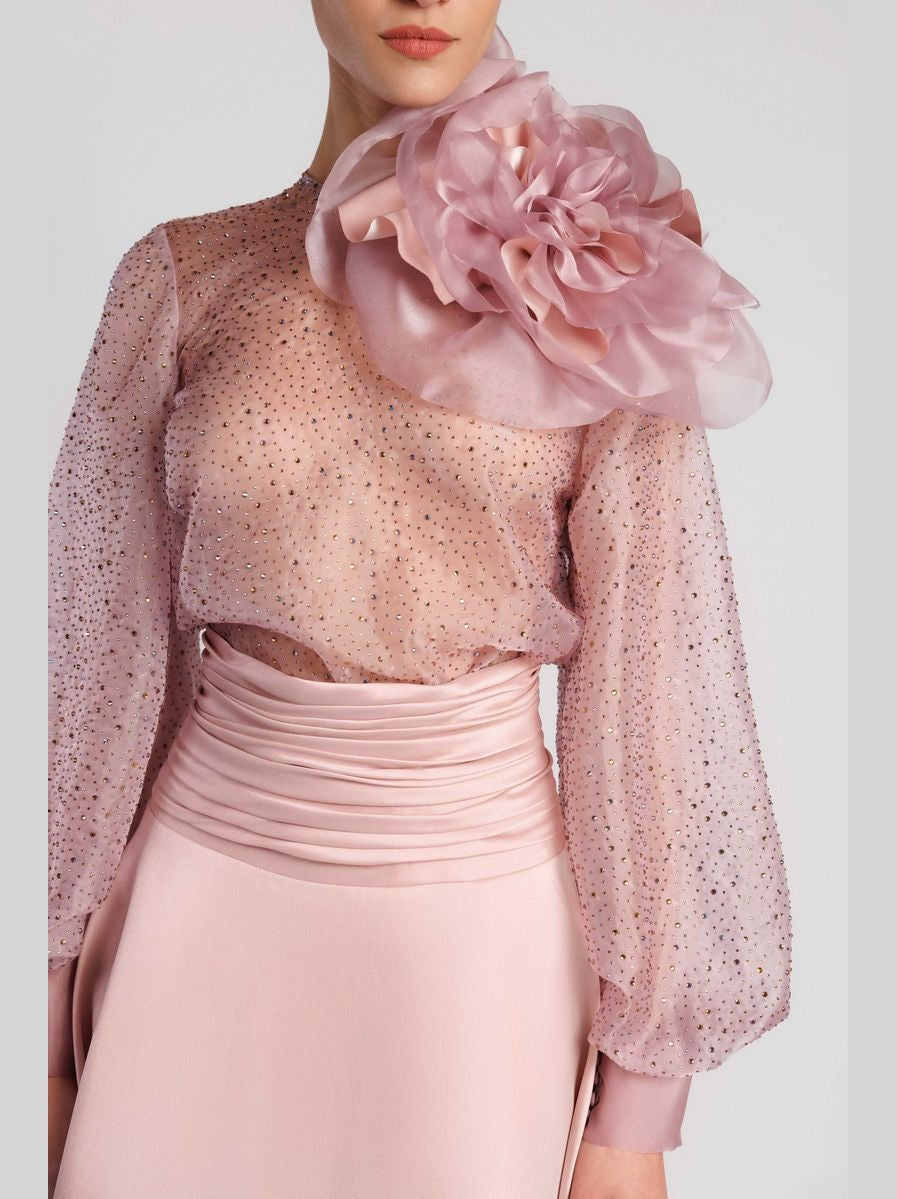 Jewel Neck Blouse with Pleated A-Line Skirt