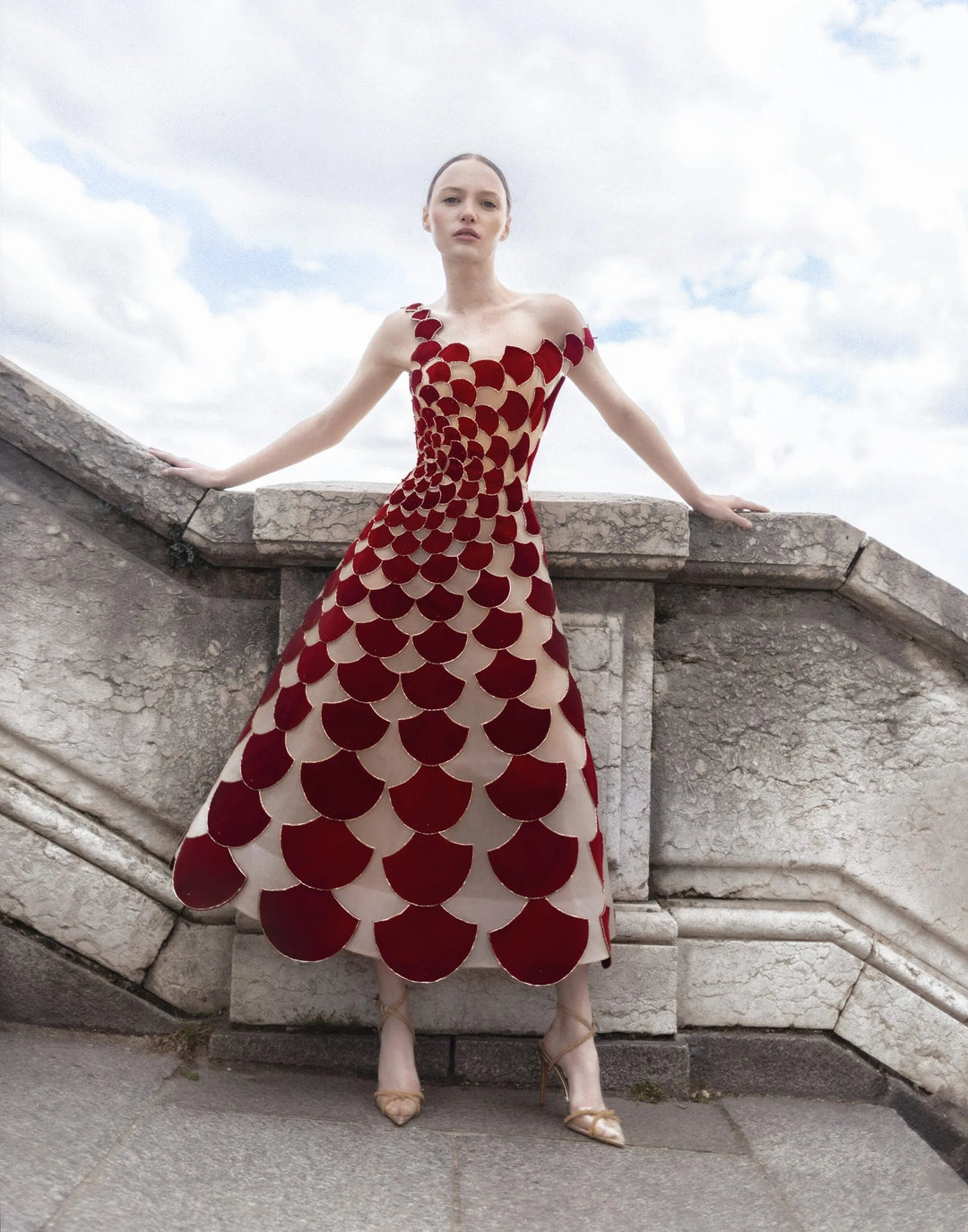A-line sheer tulle dress with red velvet fabric cuts