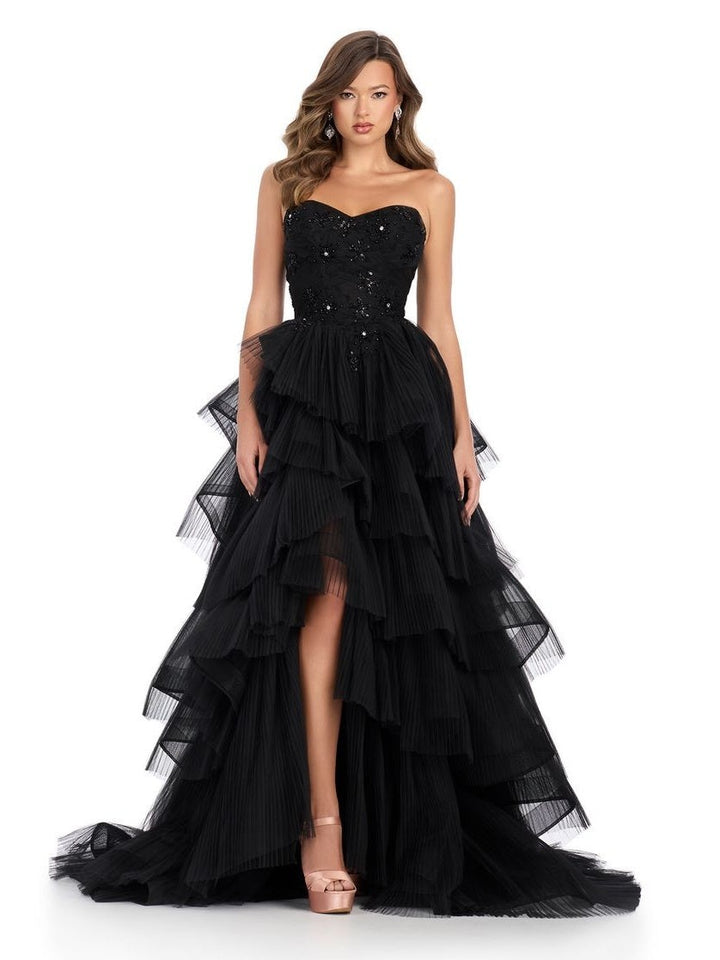 Strapless Pleated Tulle Ball Gown With Center Slit