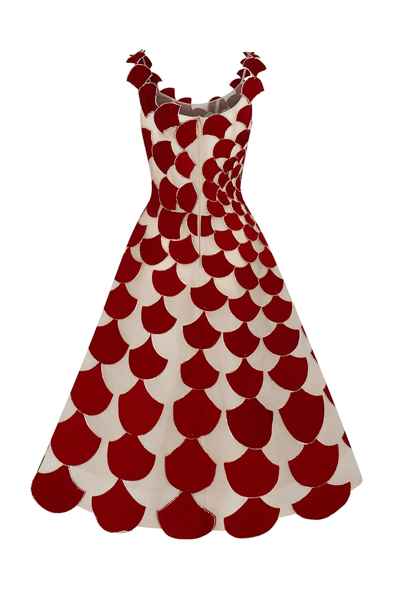 A-line sheer tulle dress with red velvet fabric cuts