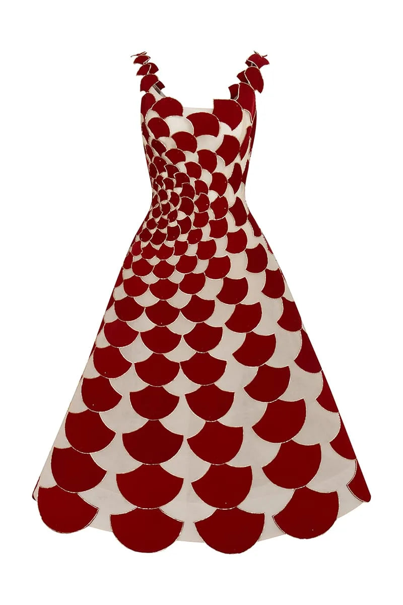 A-line sheer tulle dress with red velvet fabric cuts