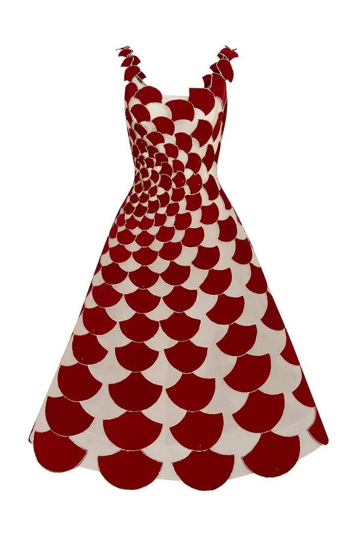 A-line sheer tulle dress with red velvet fabric cuts