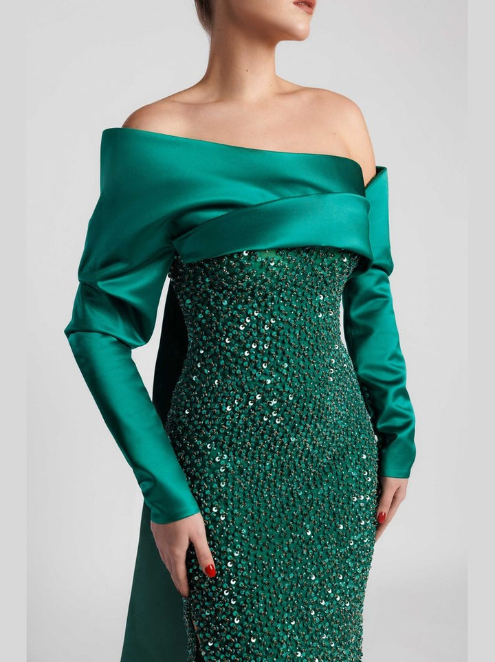 Emerald Sequined Long-Sleeved Mermaid Evening Dress