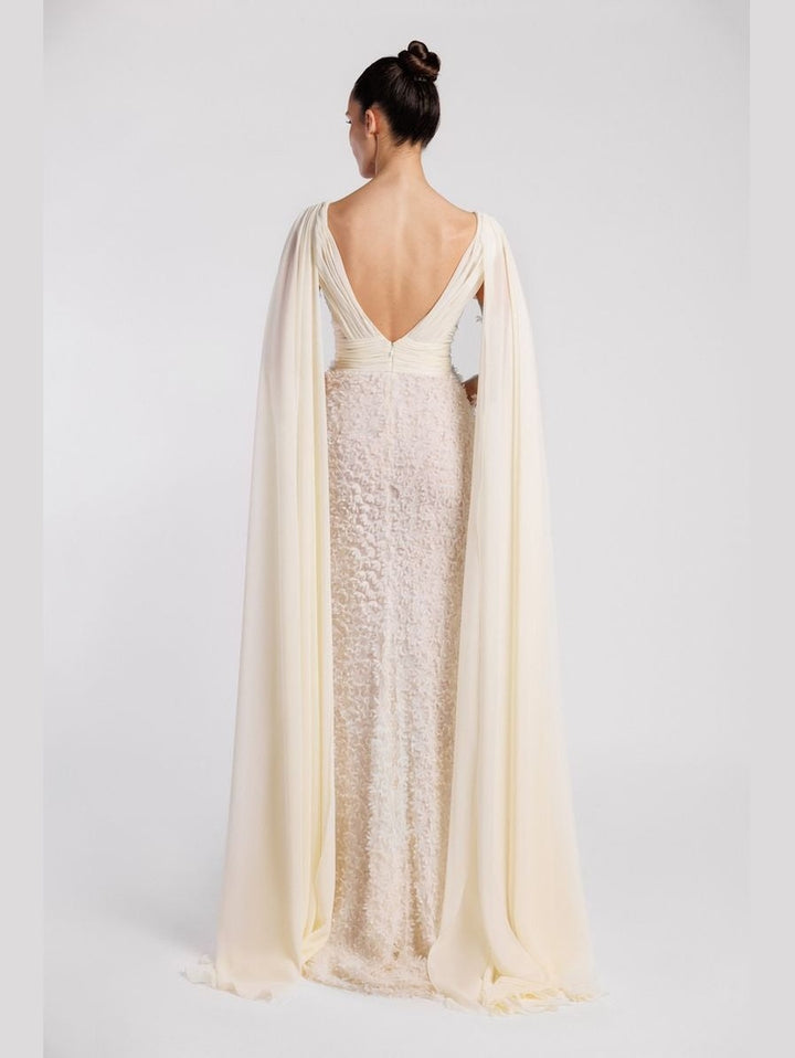 V-Neck Evening Dress with Cape Accents