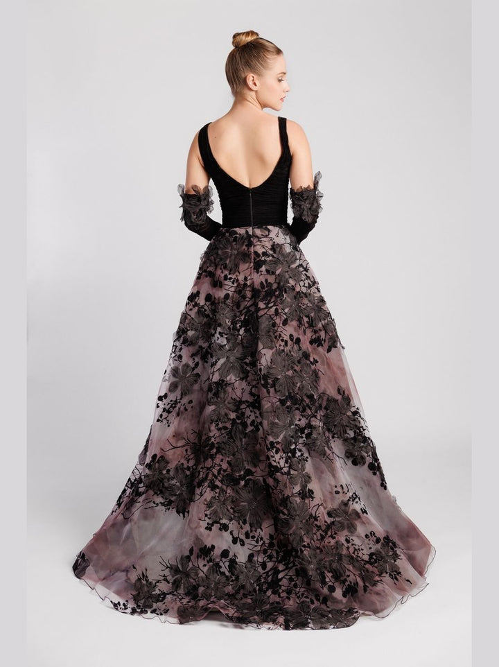 A-Line Evening Dress with Straight Neckline, Velvet Bodice, Embroidered Skirt and Gloves