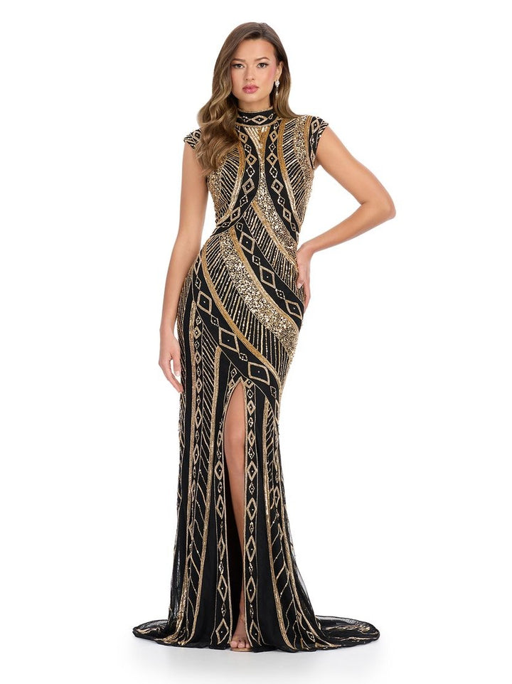 Fully Beaded Gown with High Neckline & Center Slit