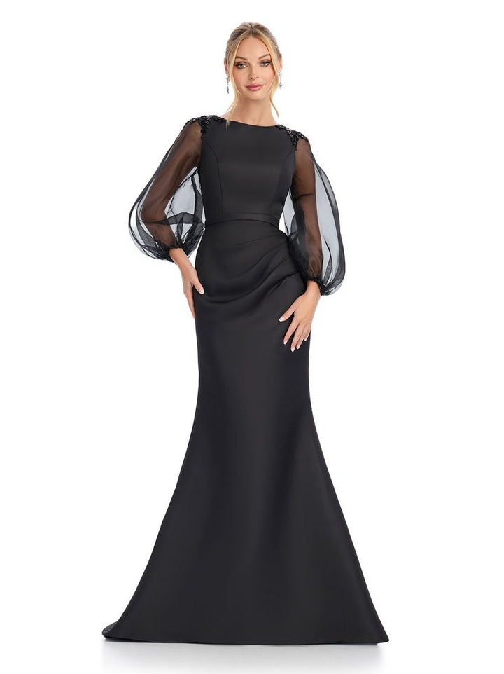 Fitted Satin Gown with High Neck & Oranza Sleeves
