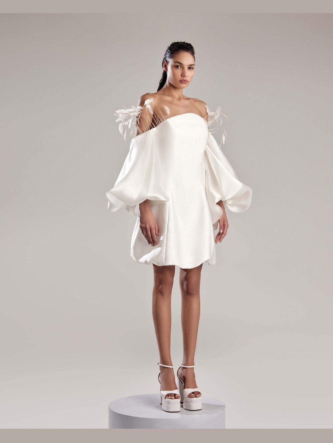 Elegant White Mikado Piqué Dress with Feathered Organza Sleeves