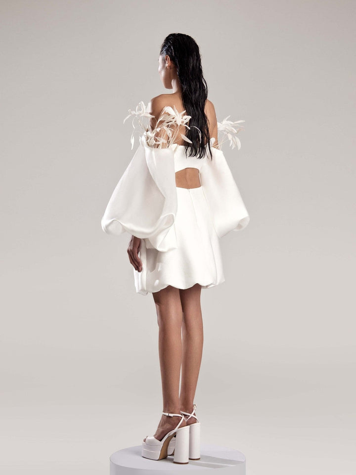 Elegant White Mikado Piqué Dress with Feathered Organza Sleeves