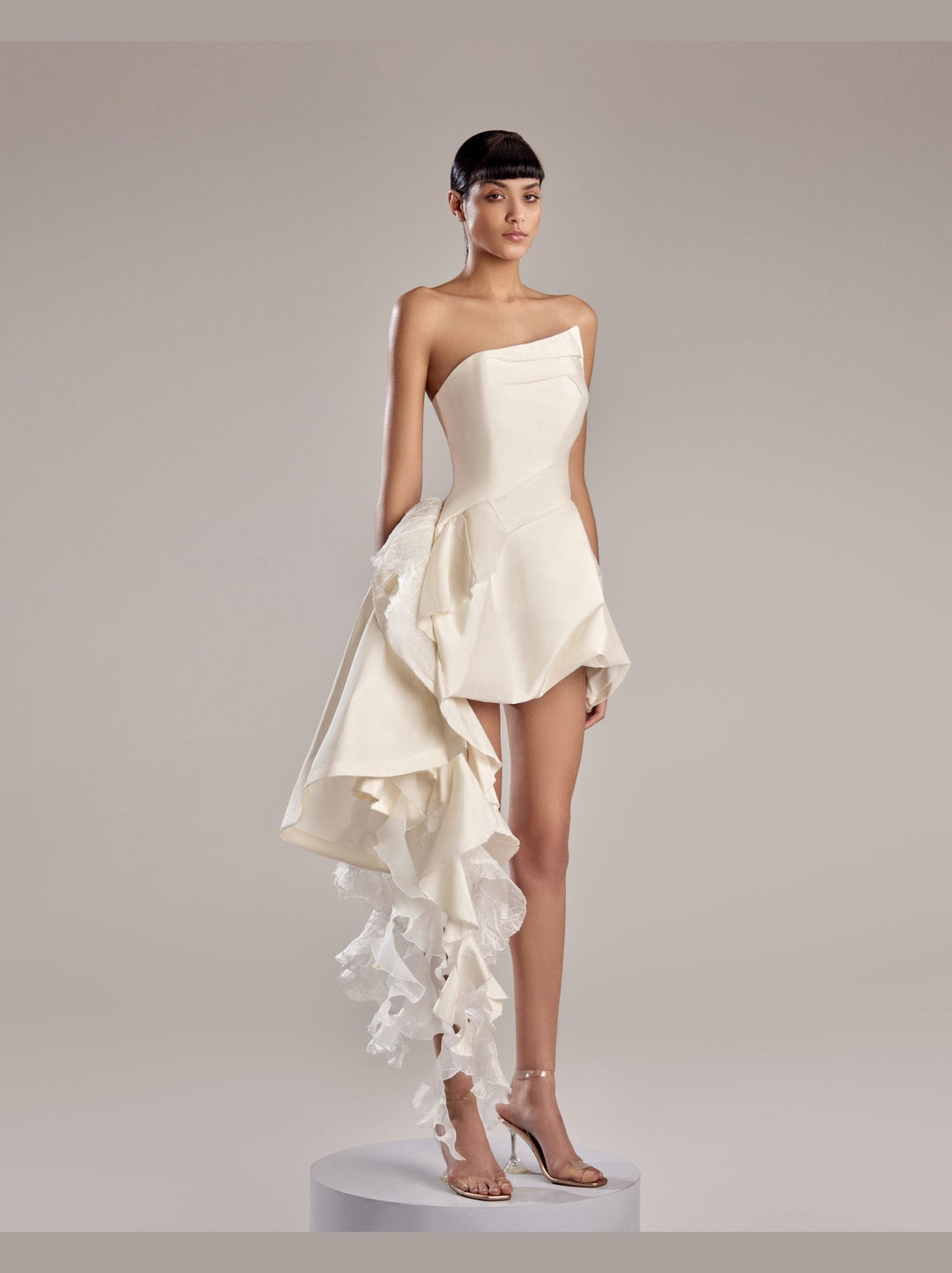 Elegant White Taffeta and Organza Dress with Asymmetrical Hem and Ruffles
